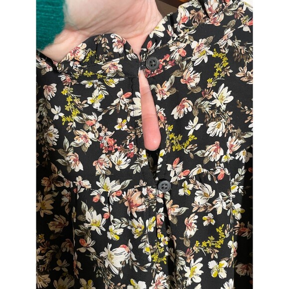 Ann Taylor LOFT Black Floral Ruffle Blouse Size Small Shirred Boho Romantic Top - Picture 12 of 14